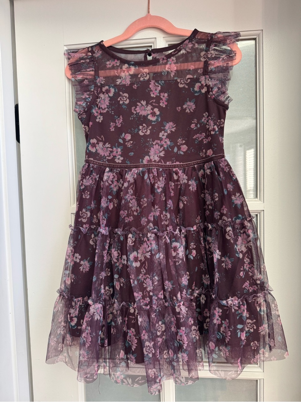 Plum Floral Tiered Tulle Dress with Pink Accents
